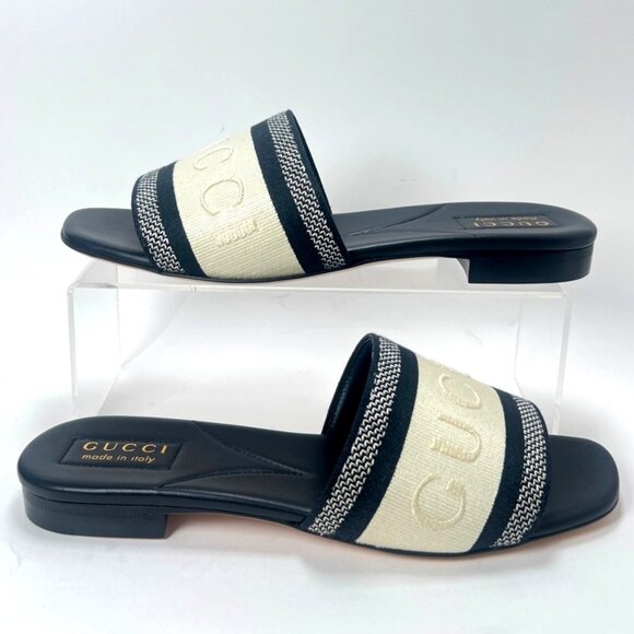 Gucci Jane Slide Sandals Black/White Embroidered Logo Flat Open Toe 38.5 US8.5 - Picture 2 of 11